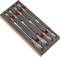 Organisateur en mousse tenant six tournevis Snap-on dans un plateau en bois, arrangés par taille avec des manches noir et gris et de longs fûts métalliques.