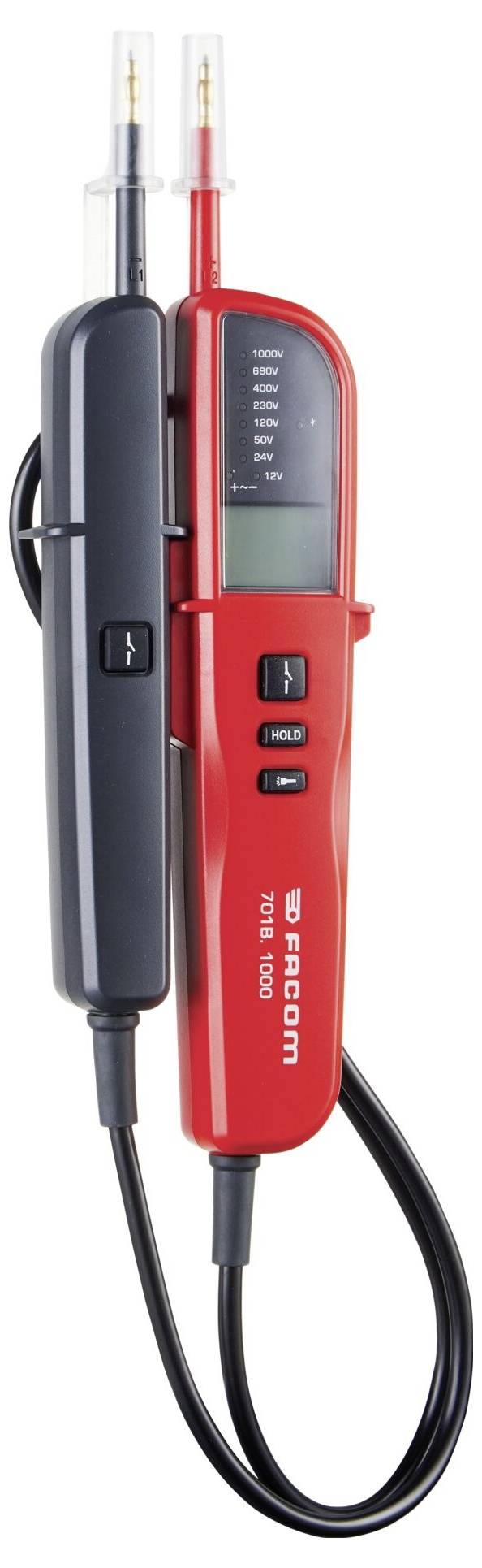 Multimètre numérique avec écran LCD, sondes rouges et noires, utilisé pour mesurer les valeurs électriques.