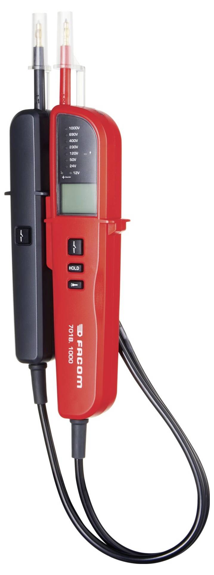 Un testeur de tension rouge et noir avec un affichage numérique, des boutons de réglage et deux sondes utilisées pour mesurer la tension électrique.