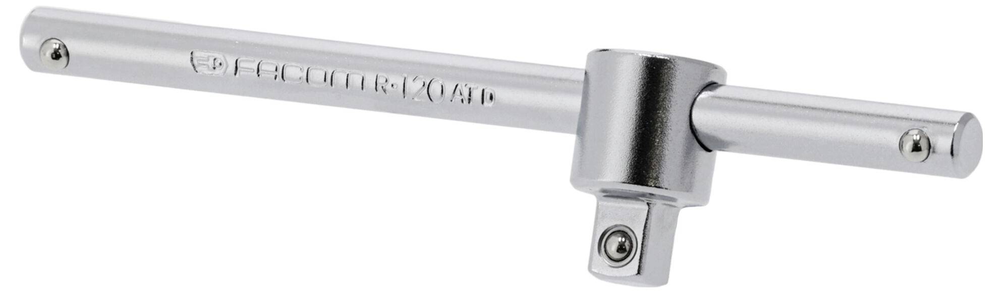 Une clé à douille en forme de T en argent brillant est présentée. Elle est dotée d'un nom de marque gravé sur la barre horizontale.