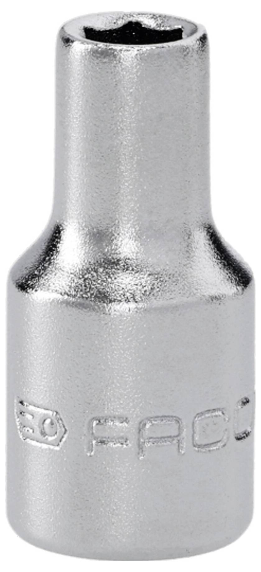 Une douille de clé chromée avec ouverture hexagonale, présentant du texte en relief sur le côté.