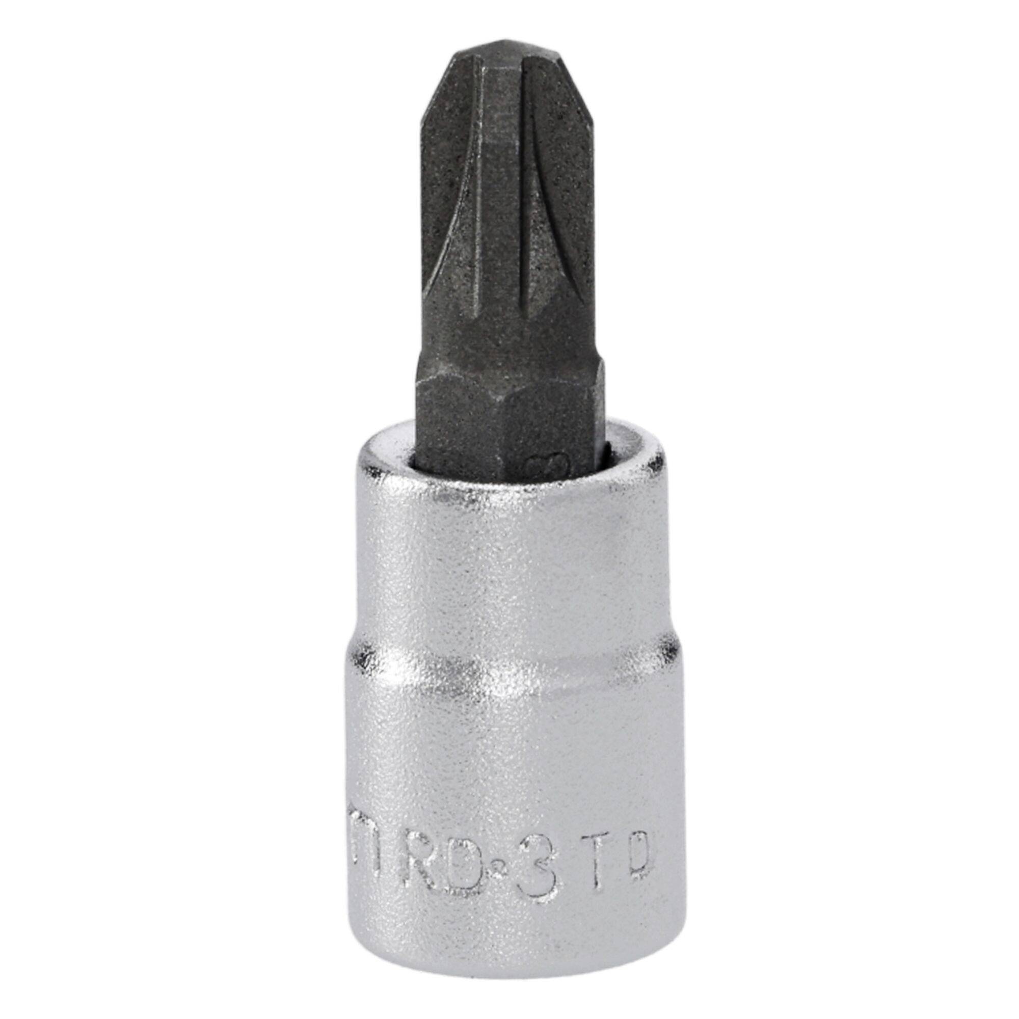Une douille porte-embout tournevis en argent pour utilisation avec une clé à douille, dotée d'une pointe hexagonale.