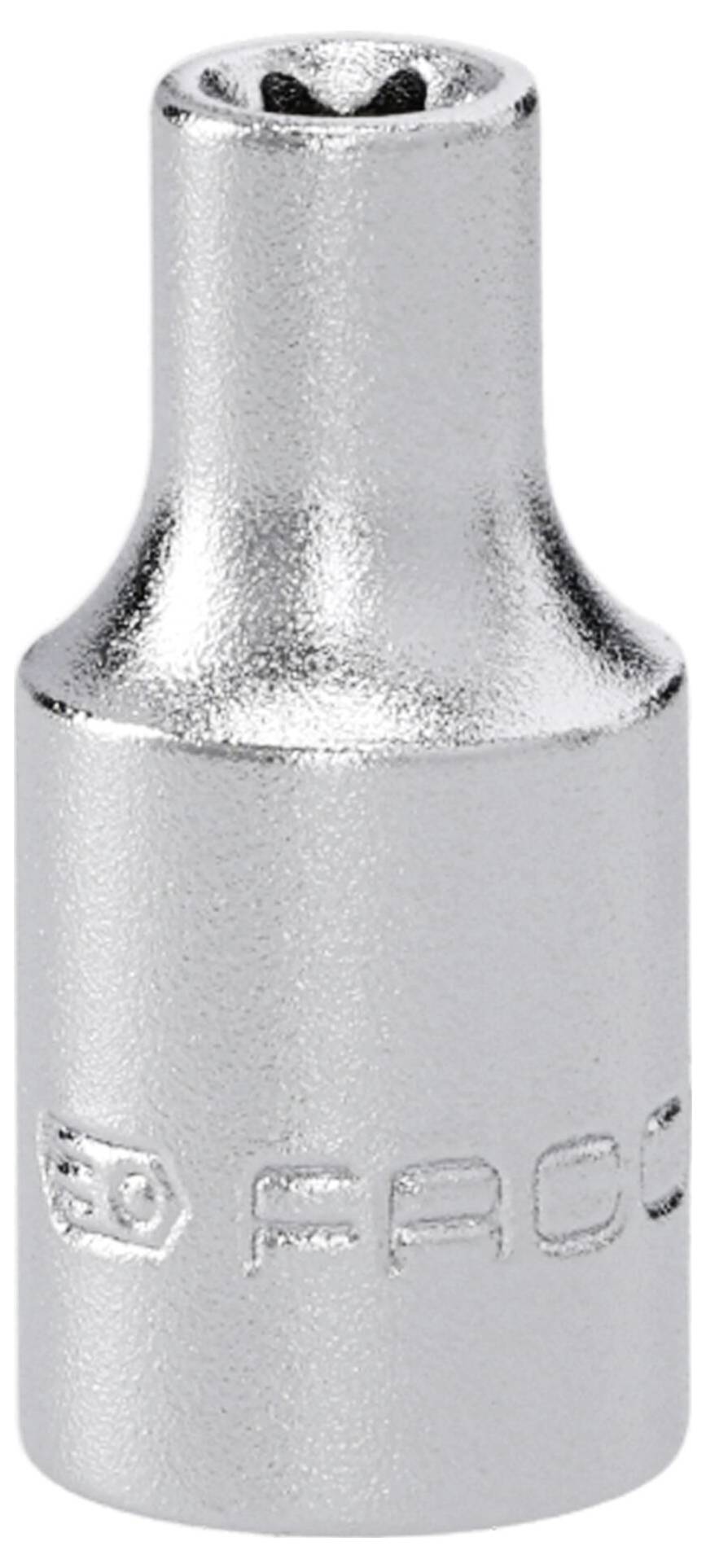 Une douille à clé coudée en argent avec une ouverture en forme d'étoile à six pointes, étiquetée avec une marque et une taille. Utilisée pour serrer les boulons.