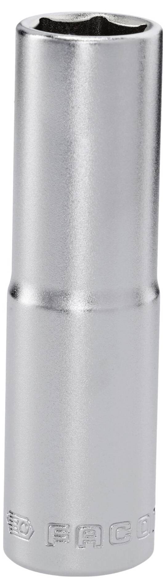 Une pièce de clé à douille cylindrique en argent avec une ouverture hexagonale et du texte gravé autour de la base.