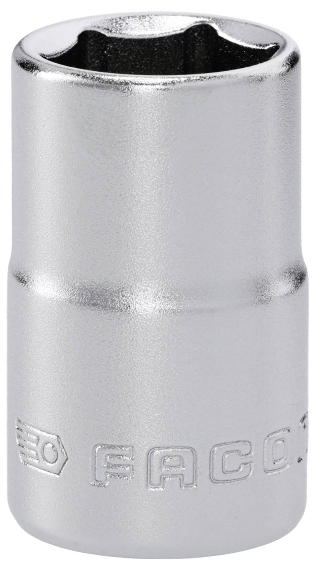Un outil à douille en métal argenté, de forme cylindrique avec une ouverture hexagonale, gravé du nom « FACOM » et d'un petit logo vers sa base.