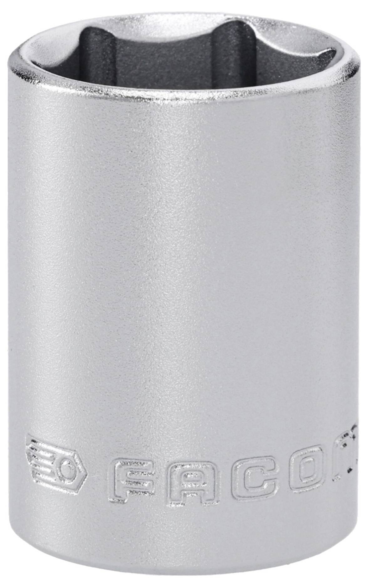 Un outil de douille argenté avec le logo « FACOM » gravé, doté d'une ouverture hexagonale, utilisé pour serrer ou desserrer les fixations.