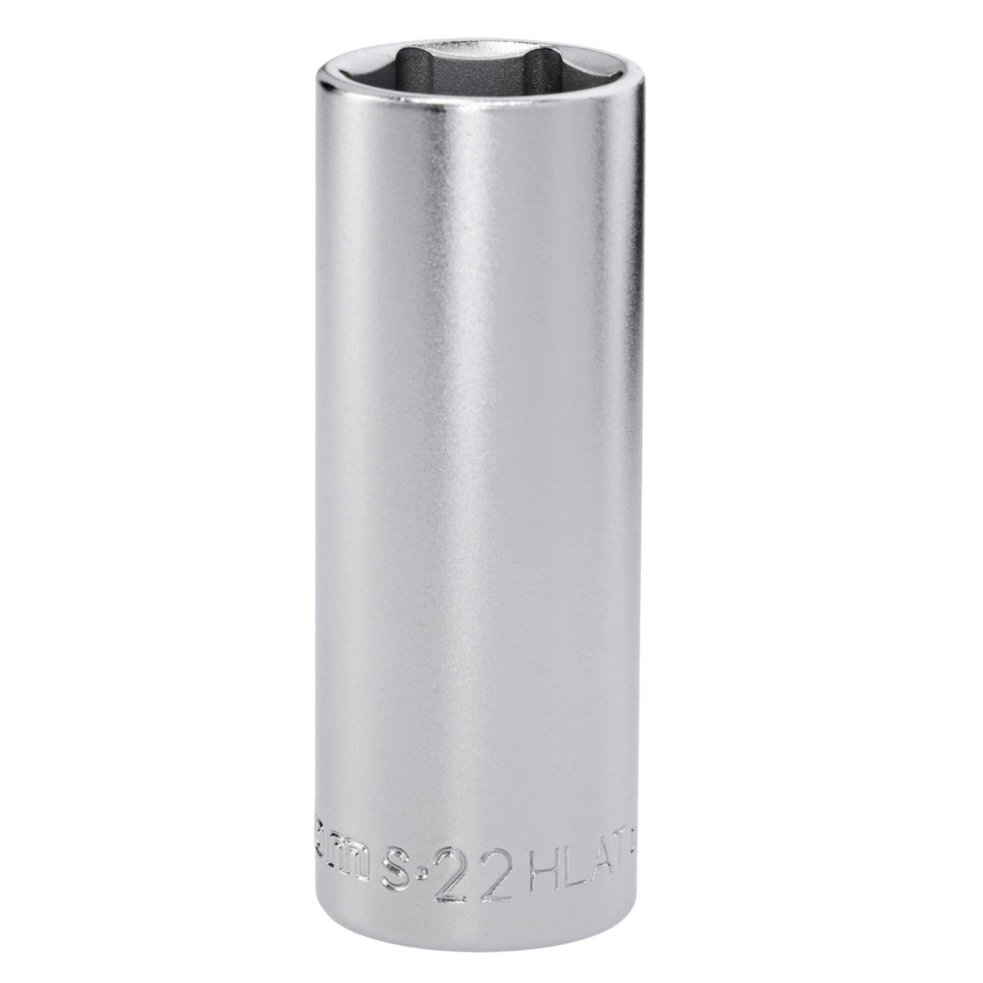 Une douille à clés polygonales en métal argenté, de forme cylindrique avec une ouverture hexagonale et un marquage de taille gravé « 22 ».