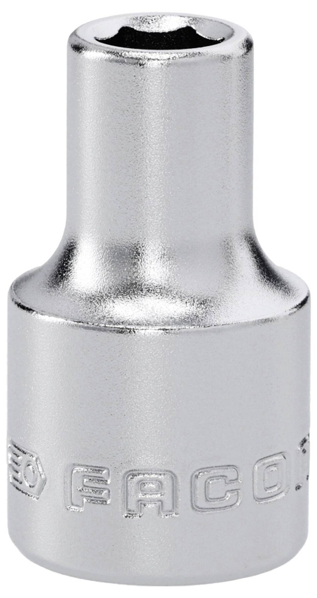 Une douille métallique brillante avec « FACOM » gravé sur le côté, conçue pour être utilisée avec une clé ou un cliquet afin de s'adapter à une taille de boulon spécifique.