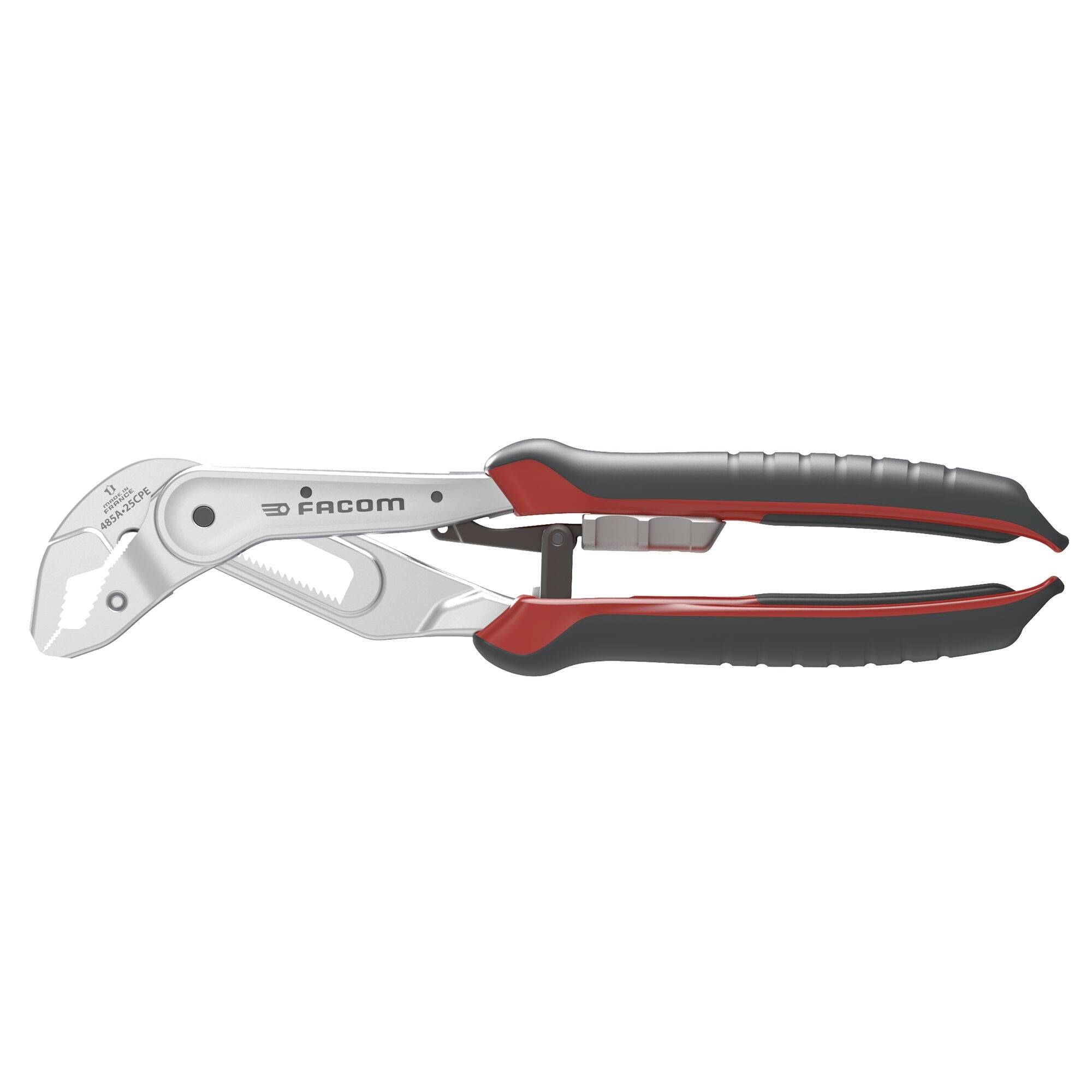 Une clé anglaise en argent réglable avec des poignées en caoutchouc rouge et noir, marquée de la marque « Facom », dotée d'une large ouverture de mâchoire pour saisir divers objets.