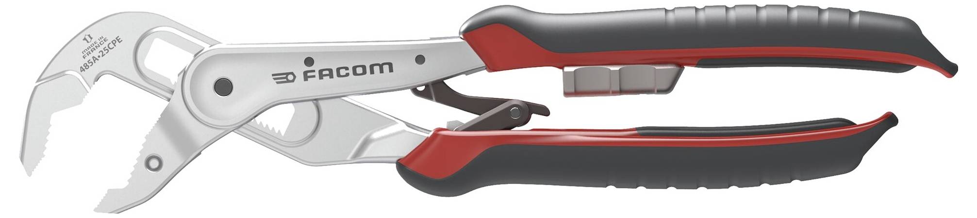 Clés réglables avec une mâchoire en forme de V, poignées noires et rouges, et marquage « FACOM » sur le côté.