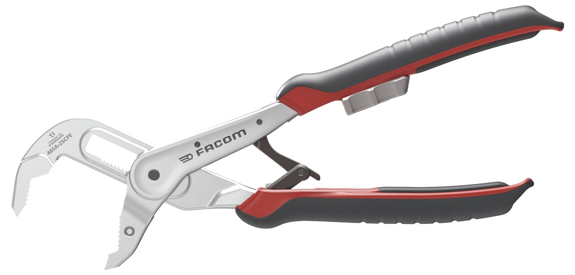 Pinces verrouillables argentées et rouges avec poignées réglables et un loquet métallique, portant l'étiquette « Facom », conçues pour saisir et tourner des objets.