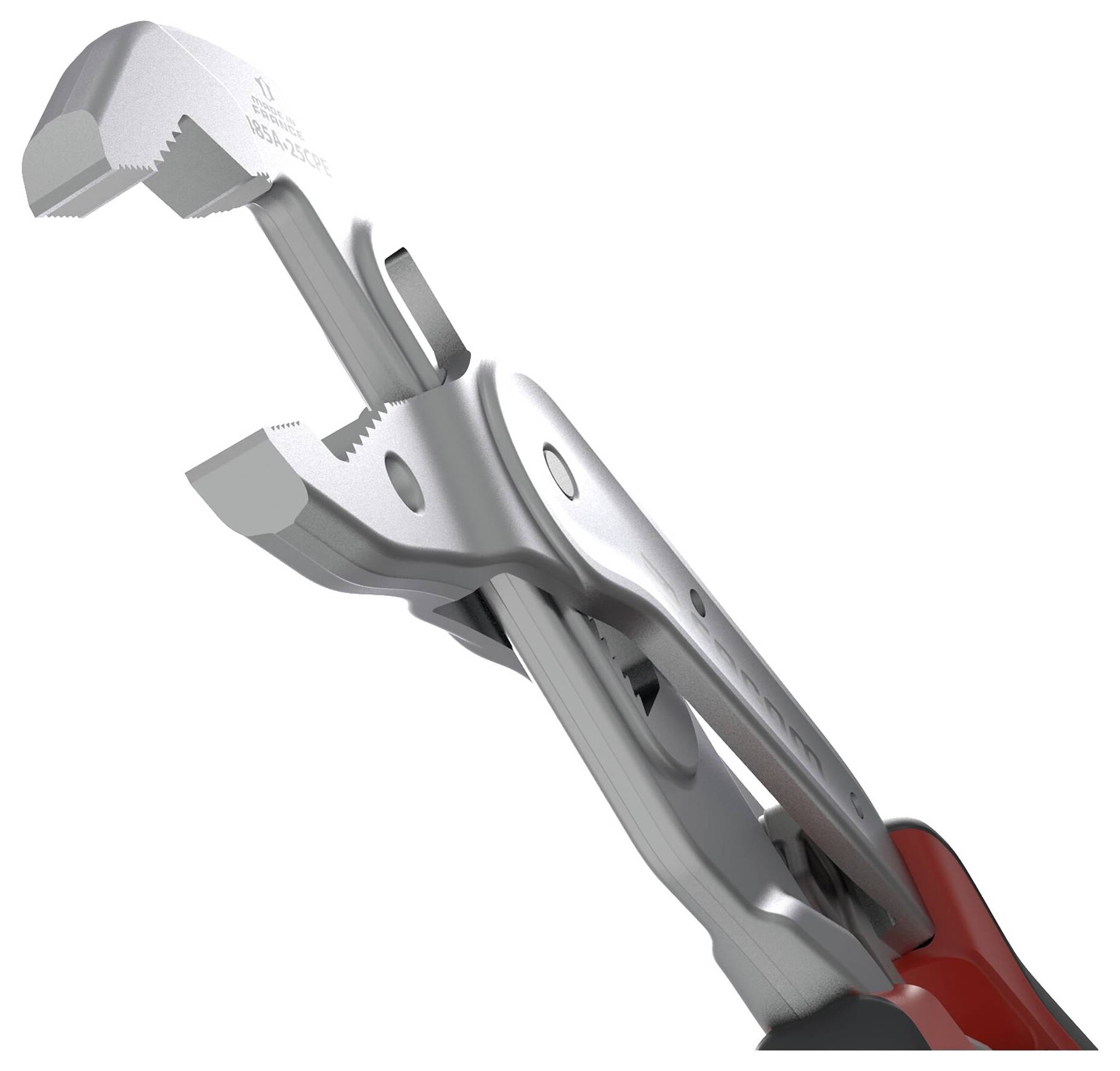 Un gros plan de pinces ajustables en métal avec un manche rouge, mettant en évidence leurs mâchoires de préhension et leur mécanisme de pivot conçu pour serrer ou desserrer.