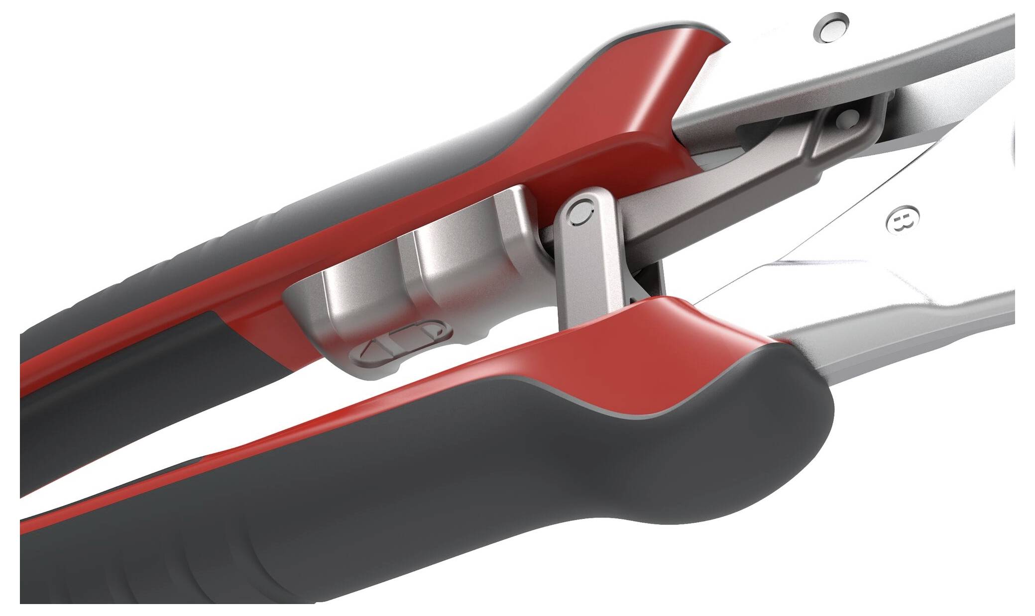 Gros plan d'une paire de sécateurs de jardin avec des poignées rouges et noires, dotée d'un mécanisme de coupe en métal brillant.