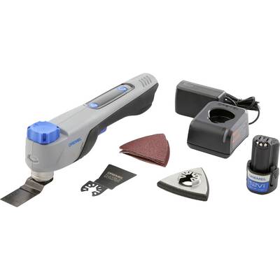 Outil multifonction oscillant sans fil avec chargeur de batterie, bloc de batterie et trois accessoires de ponçage/coupe affichés sur un fond blanc.