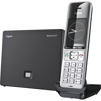 Un ensemble de téléphone sans fil avec un combiné affichant une horloge sur l'écran, à côté d'une base de charge étiquetée « Gigaset BasicLine IP ».