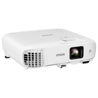 Projecteur Epson blanc montré de face à gauche, avec la lentille, la grille de ventilation et les commandes supérieures visibles.