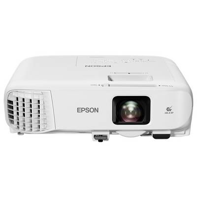 Projecteur Epson blanc présenté de face, avec l'objectif centré et la grille d'aération sur la gauche.