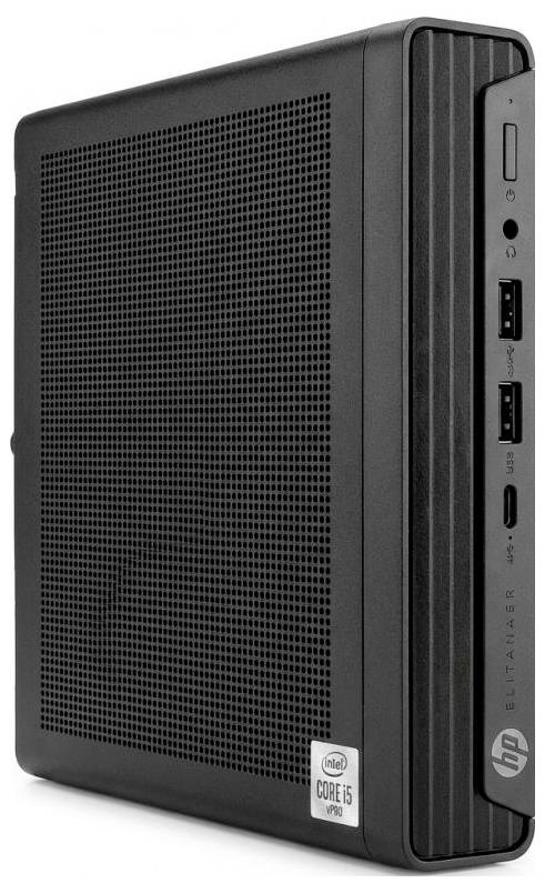 Un petit boîtier de bureau HP noir avec une étiquette de processeur Intel Core i5, dotée de ports USB à l'avant et d'un bouton d'alimentation.