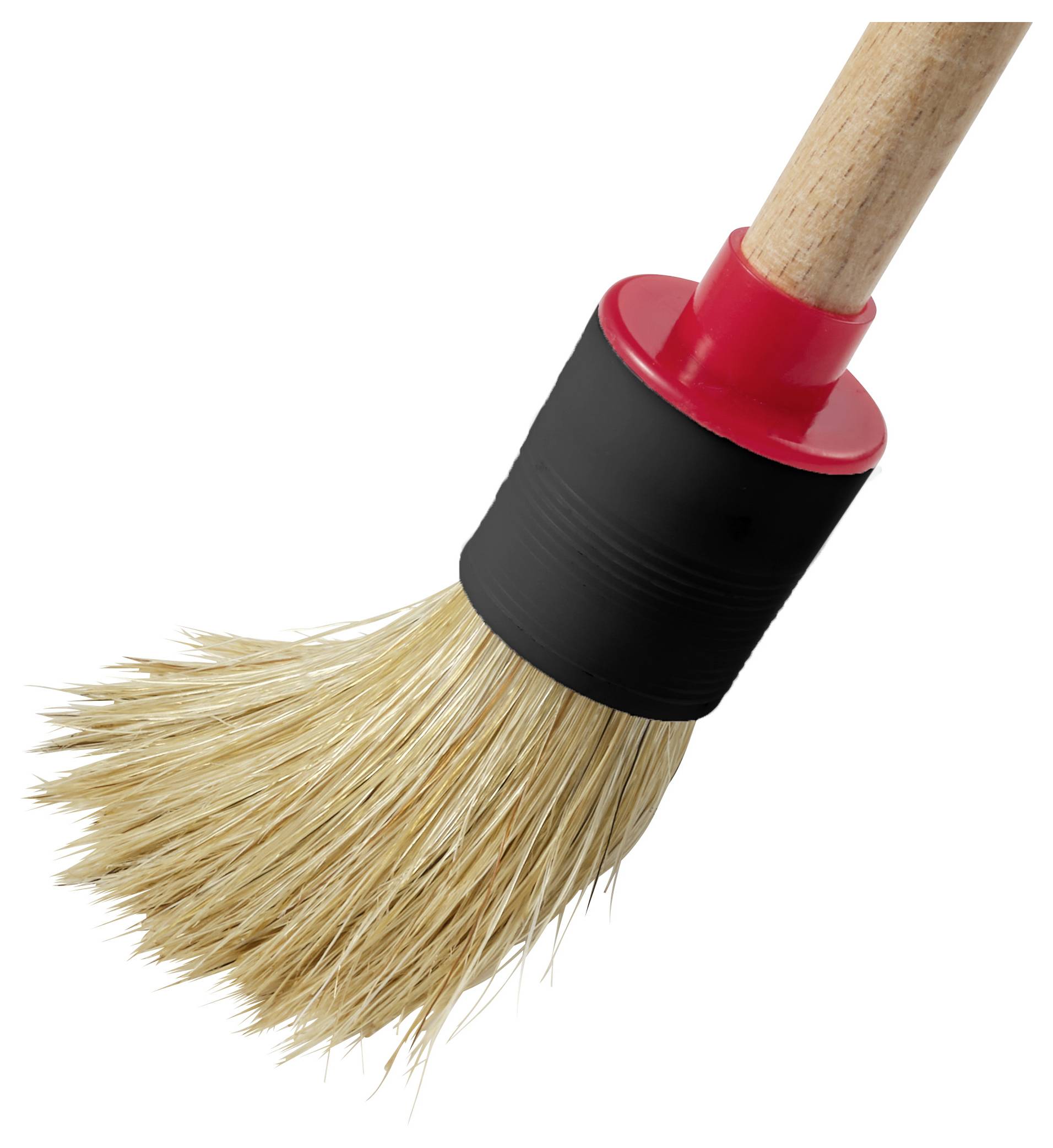 Gros plan d'un pinceau avec des soies couleur beige, une virole noire et un collier rouge sur fond blanc.