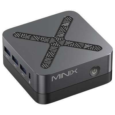 Mini PC MINIX avec un sommet texturé en forme de X, des ports USB avant et un bouton d'alimentation sur un boîtier compact foncé.