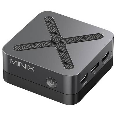 Mini PC MINIX compact noir avec grille de ventilation en forme de X sur le dessus, bouton d'alimentation et ports HDMI/USB sur le côté.