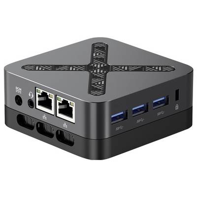 Mini PC compact noir ou hub avec dessus aéré, deux ports Ethernet, trois ports USB, prise jack pour casque, et entrée CC