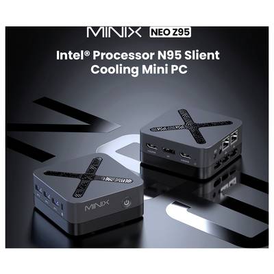 Image promotionnelle de deux mini PC MINIX NEO Z95 avec processeur Intel N95 refroidi, accompagnée du texte « Mini PC de refroidissement client avec processeur Intel N95 ».