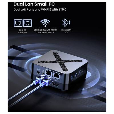 Petit PC double LAN avec double Ethernet 1G, Wi-Fi 5 et Bluetooth 5.0, présenté avec deux câbles Ethernet branchés sur les ports avant.