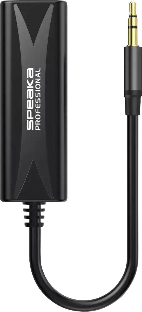 Câble adaptateur audio professionnel Black Speak avec une prise 3,5 mm et un module de contrôle en ligne étiqueté « Speak Professional ».