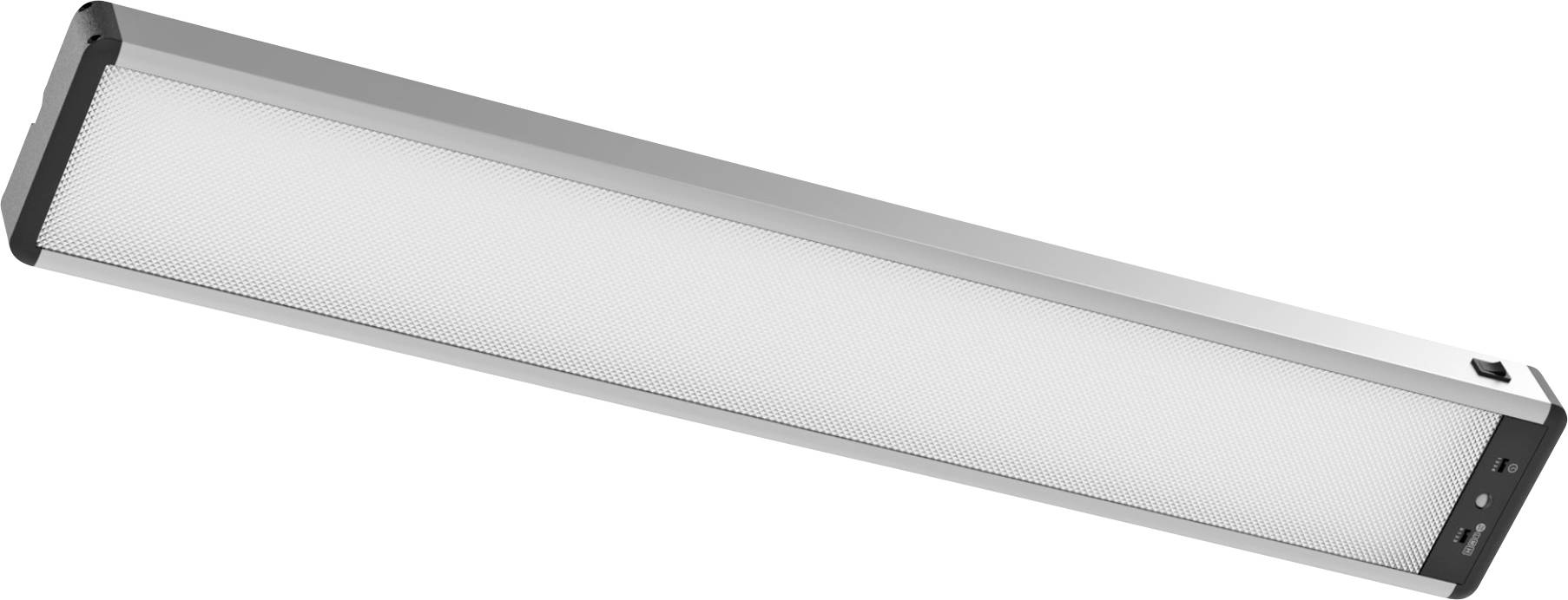 Luminaire de plafond LED rectangulaire au design épuré et moderne ; doté d'un diffuseur de lumière blanche et de capuchons noirs aux extrémités.