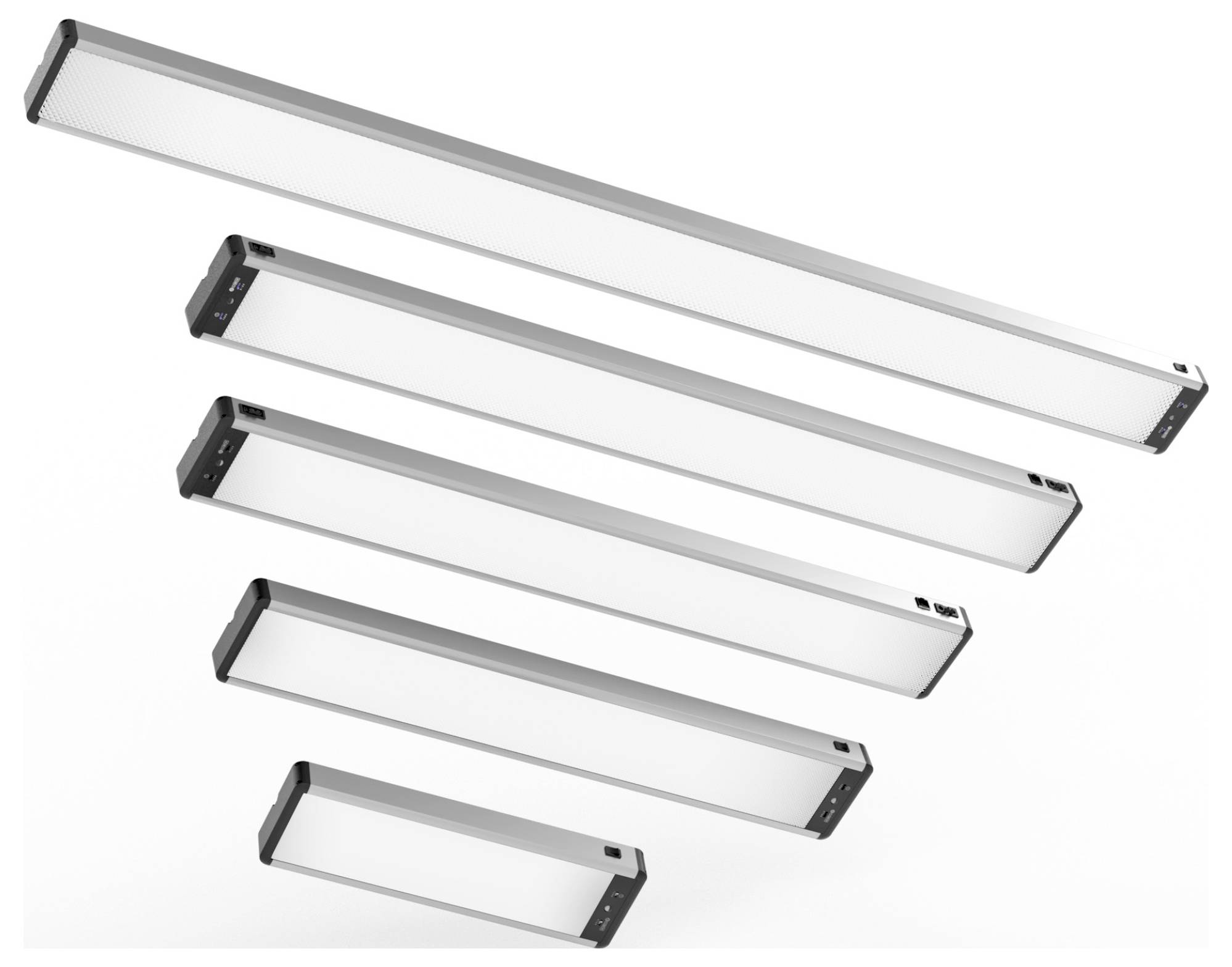 Six panneaux lumineux LED rectangulaires de tailles variées disposés en diagonale dans un ordre décroissant de haut en bas.
