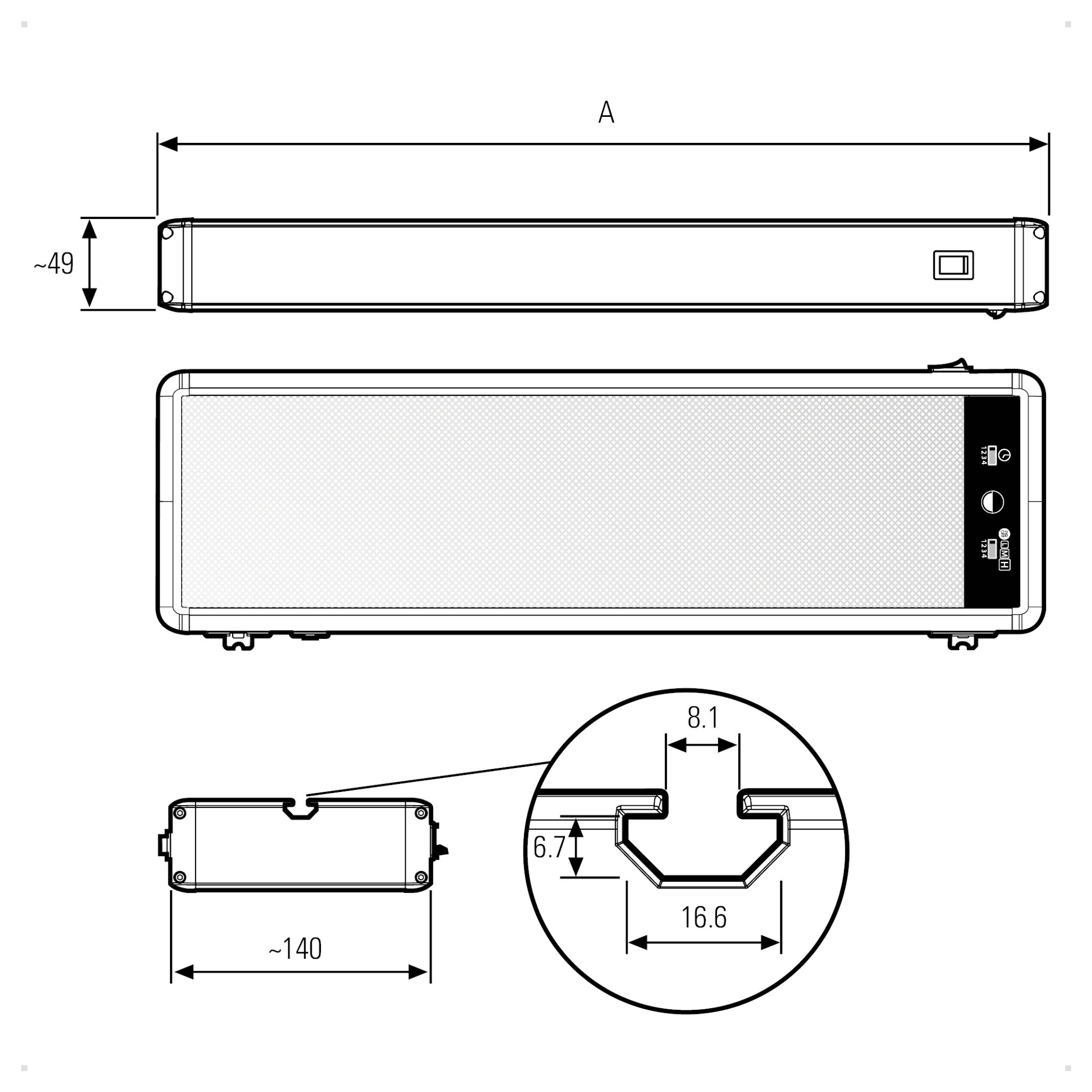 Dessin technique d'un appareil électronique rectangulaire avec dimensions marquées, un port USB, et une coupe transversale détaillée montrant la conception structurelle.