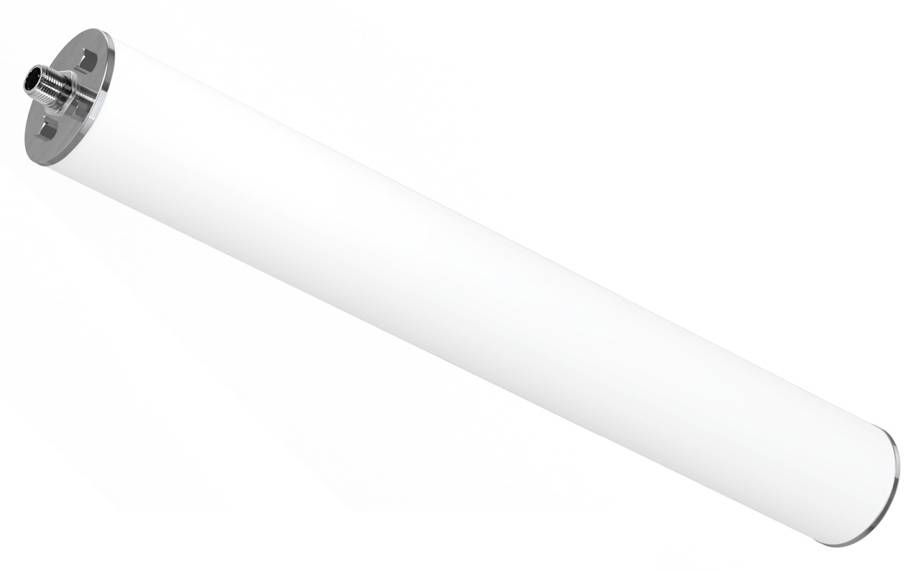 Un tube cylindrique blanc avec des capuchons métalliques, probablement une ampoule fluorescente ou un composant d'éclairage similaire, vu sous un léger angle.