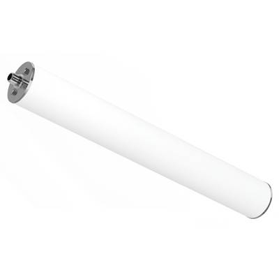 Un tube cylindrique blanc avec des capuchons métalliques, probablement une ampoule fluorescente ou un composant d'éclairage similaire, vu sous un léger angle.
