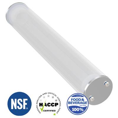 Un produit cylindrique transparent avec les certifications NSF, HACCP et « Alimentation & Boissons 100% sur 1500 ». Adapté à un usage dans l'industrie alimentaire.