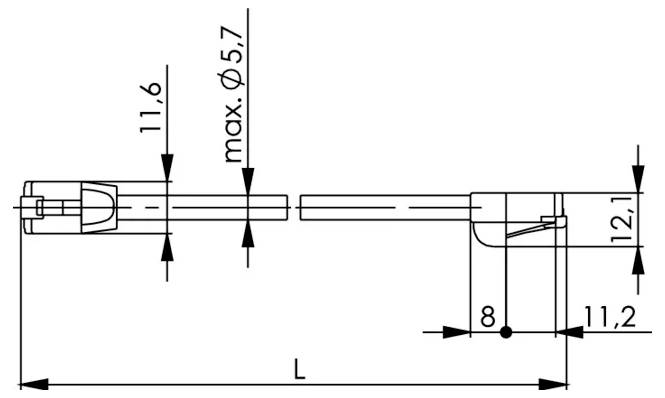 Dessin technique d'un connecteur à broche, montrant la longueur L, diamètre de l'arbre max. Ø5.7, et les mesures 11.6, 12.1, 11.2, et 8.