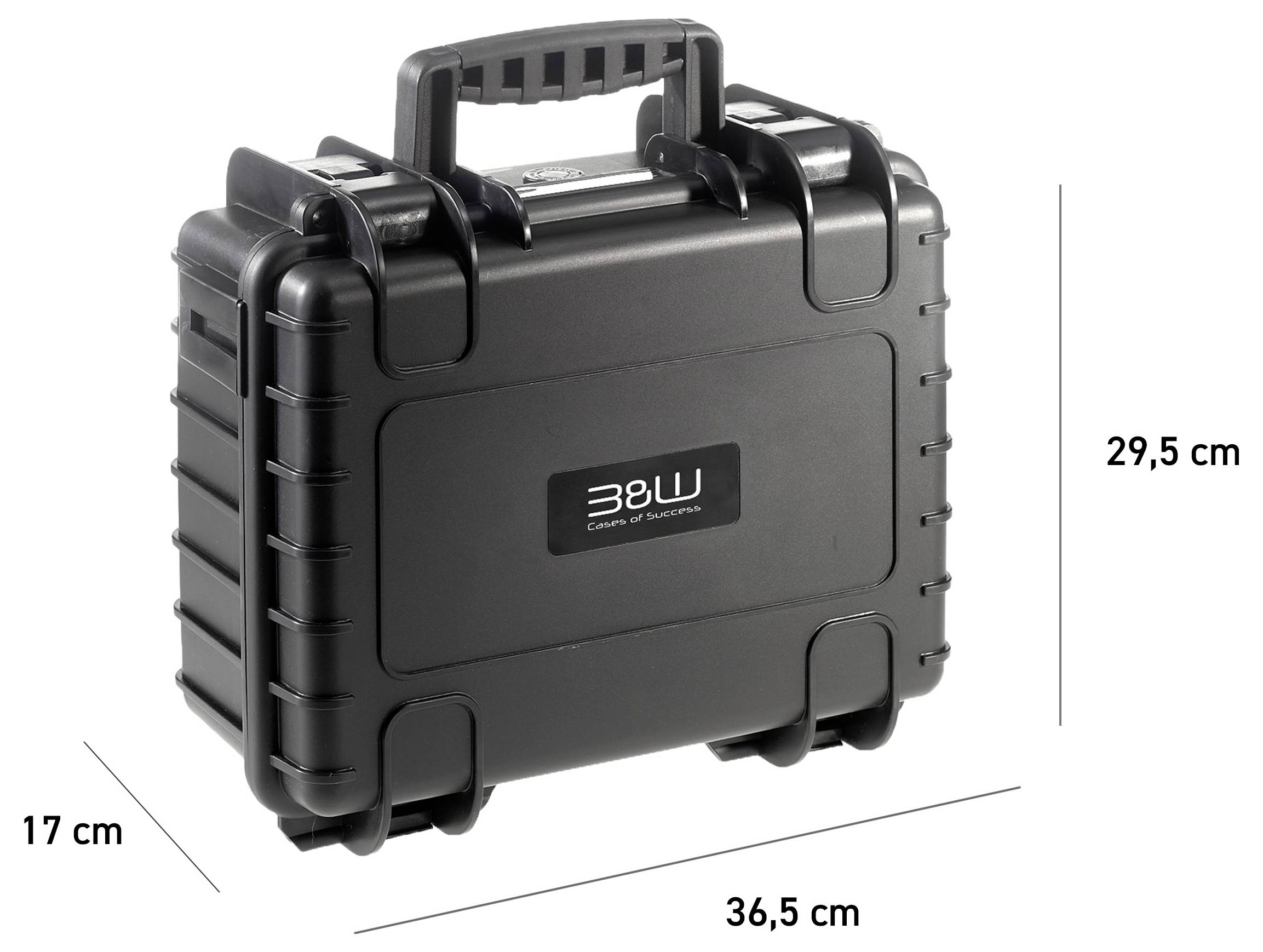 Un étui de protection noir avec poignée, dimensions indiquées : 36,5 cm de largeur, 29,5 cm de hauteur et 17 cm de profondeur.