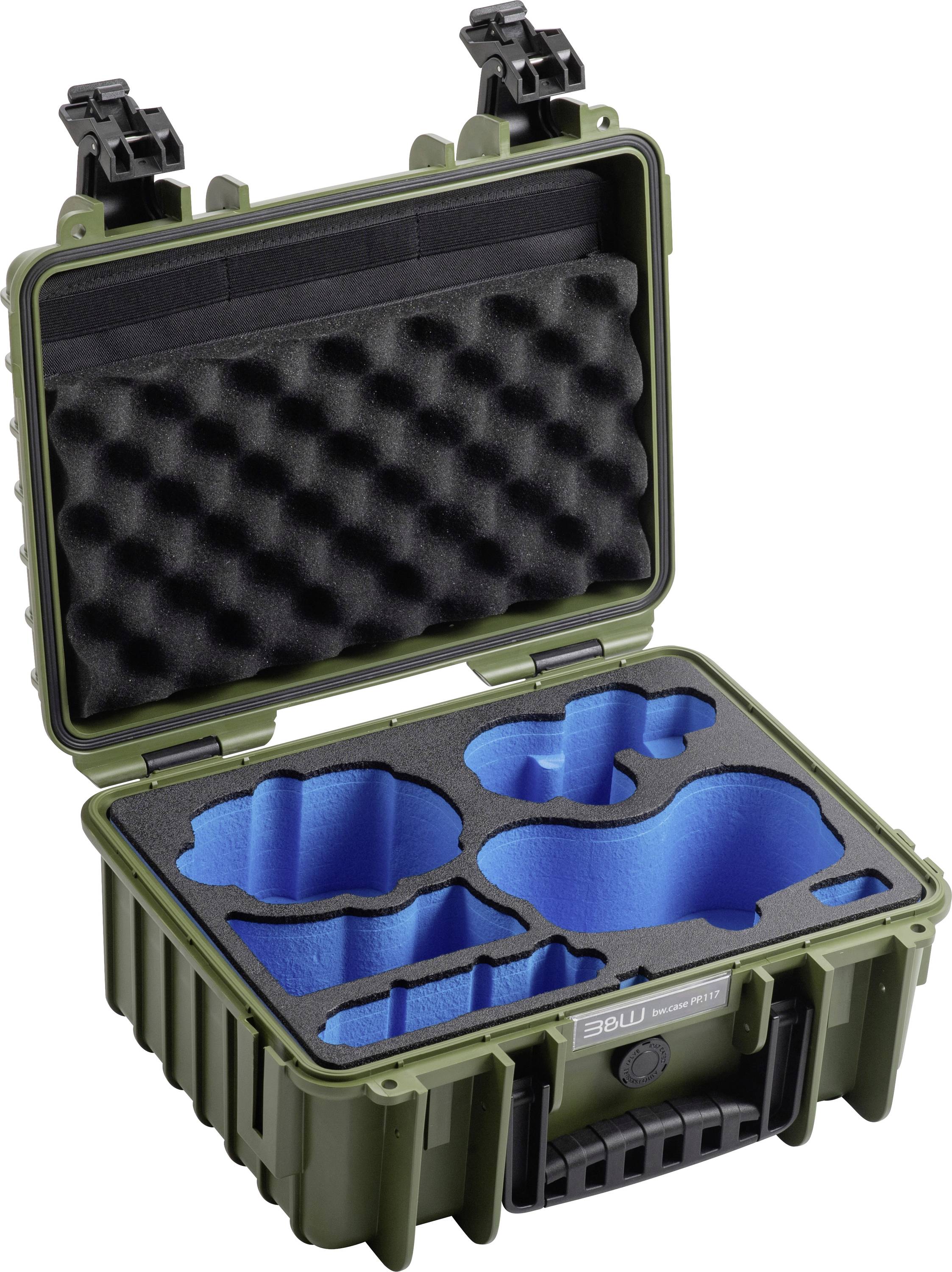 Étui de protection vert ouvert avec des inserts en mousse bleue conçus pour maintenir fermement un équipement spécifique, doté d'un couvercle texturé pour une protection supplémentaire.