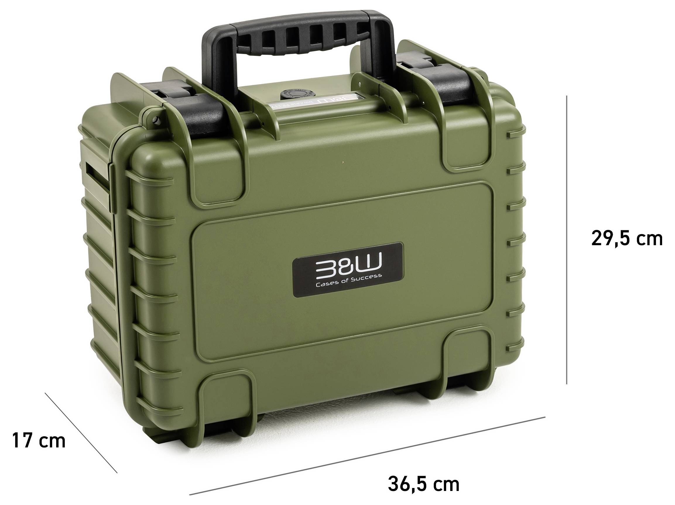 Un étui de transport vert et durable avec les dimensions indiquées : largeur 36,5 cm, hauteur 29,5 cm et profondeur 17 cm. Poignée sur le dessus.