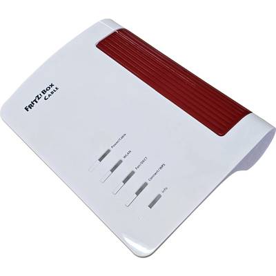 Un routeur Wi-Fi blanc et rouge étiqueté « FRITZ!Box Cable » avec des voyants indicateurs pour l'alimentation, le WLAN, le téléphone, le LAN et les informations sur une surface beige.