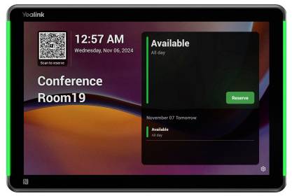 Affichage de salle de conférence montrant le statut « Disponible » de la « Salle de conférence 19 », l'heure 12h57 AM le mercredi 6 novembre 2024, avec un code QR et un bouton « Réserver ».