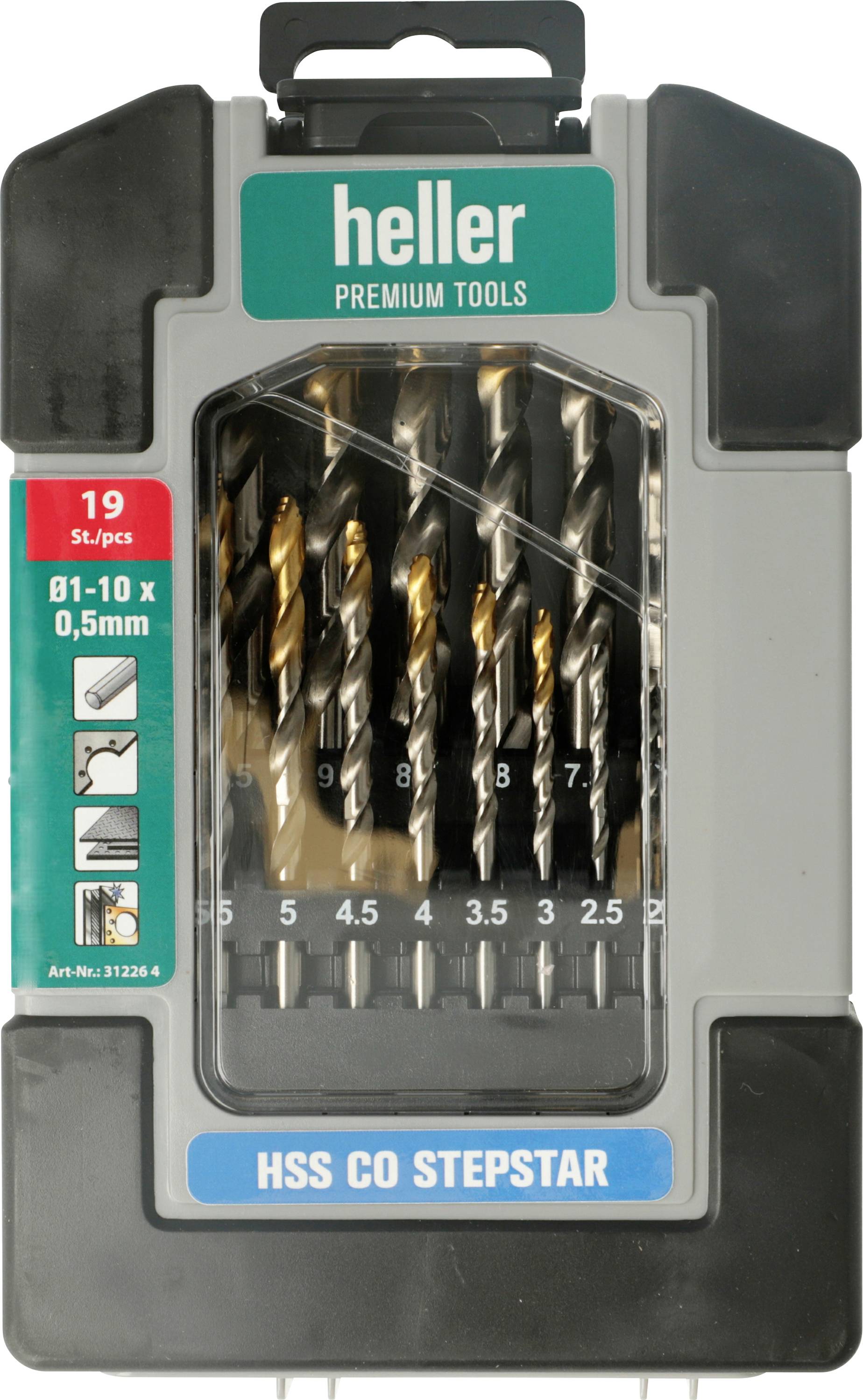'Emballage d'ensemble de forets affichant 19 forets en acier rapide cobalt, tailles 1,0 à 10,0 mm, étiqueté comme HSS CO Stepstar par Heller Premium Tools.'