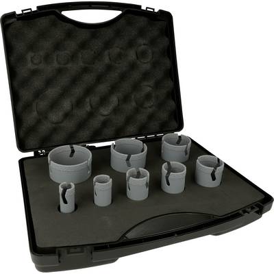 Étui noir ouvert avec intérieur en mousse contenant un ensemble de huit scies cloche grises de différentes tailles.