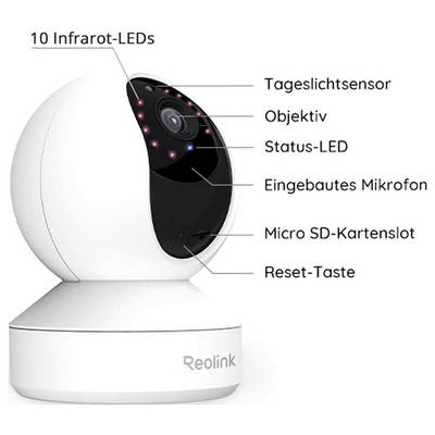Caméra de sécurité blanche avec panneau frontal noir. Étiquetée : « 10 LED infrarouge », « Capteur de lumière du jour », « Objectif », « LED de statut », « Microphone intégré », « Fente pour carte Micro SD », « Bouton de réinitialisation ».