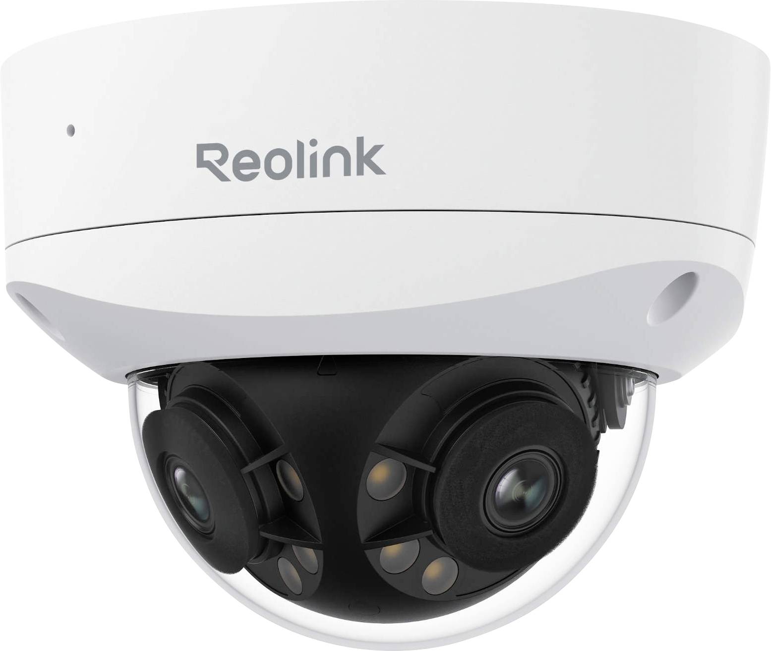Caméra de sécurité dôme Reolink présentant un design blanc épuré avec plusieurs objectifs enfermés dans un dôme transparent à usage de surveillance.