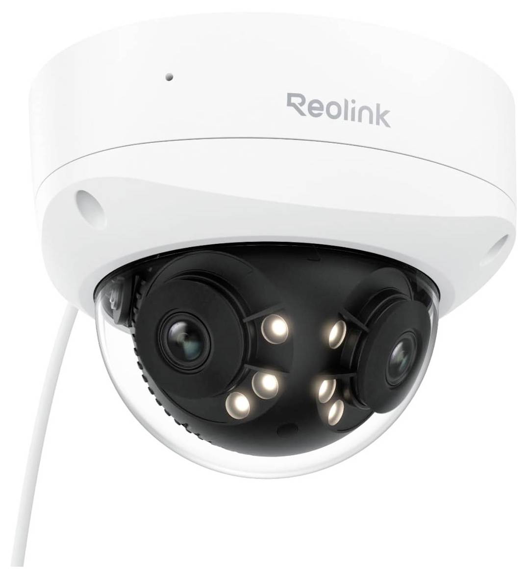 L'image montre une caméra de surveillance dôme Reolink avec plusieurs objectifs, conçue pour la surveillance grand angle, dans un boîtier blanc.