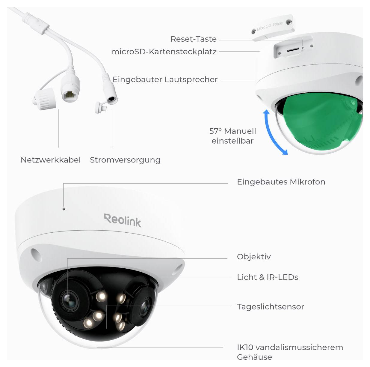 Une caméra de surveillance Reolink avec microphone intégré, haut-parleur, vision de jour et de nuit, boîtier résistant au vandalisme et objectif réglable.