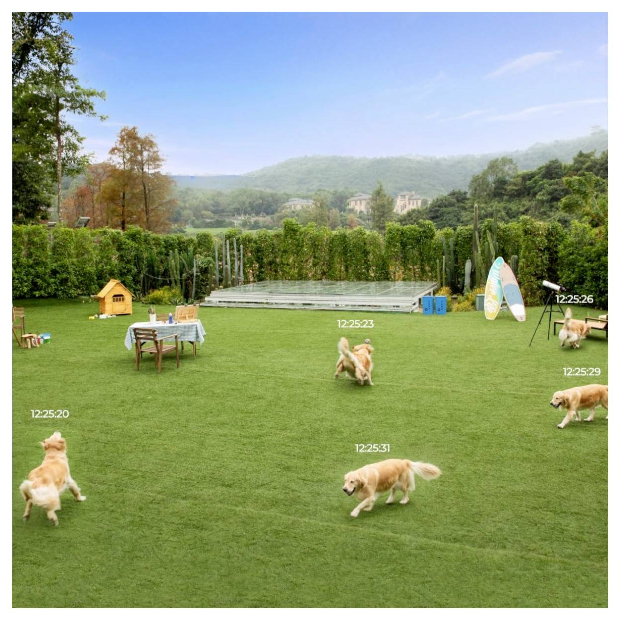 Une arrière-cour avec six chiens jouant sur une pelouse verte. Des arbres et des collines se trouvent en arrière-plan. Une niche pour chien et des planches de surf sont visibles sur la droite.
