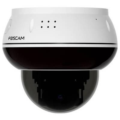 Une caméra de surveillance Foscam blanc et noir avec un dôme arrondi, utilisée à des fins de monitoring et de sécurité en intérieur ou en extérieur.