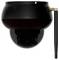 Une caméra de sécurité dôme noire avec une antenne, conçue pour la surveillance sans fil, présentée sur un fond uni.